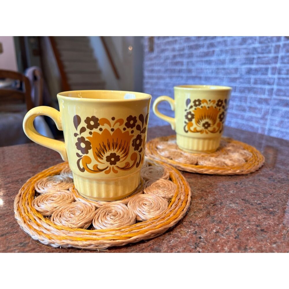 Vintage Royal Alma Staffordshire Yellow & Brown Mugs Set of 2 Coffee Cugs Stacka